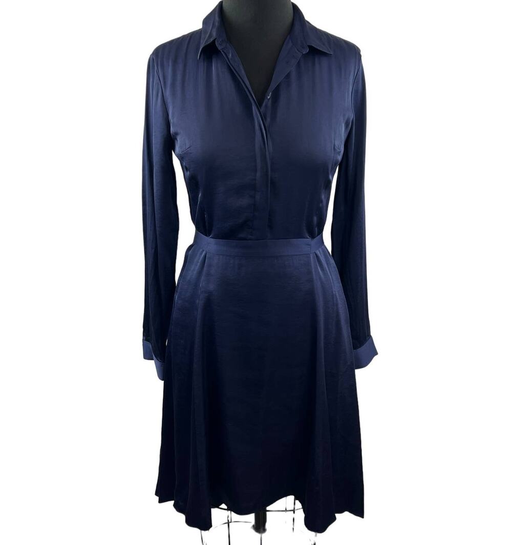 Armani Exchange Navy Blue 4 Anina Dress Spread Collar Self Tie Waist Long Sleeve